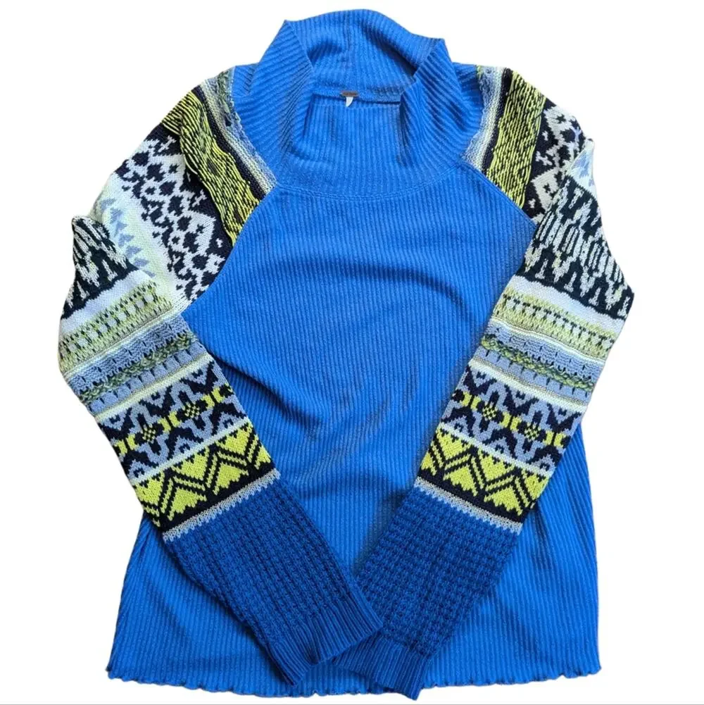 Free People Prism Switch Nordic Waffle Knit Ribbed Mock Neck Long Sleeve Shirt